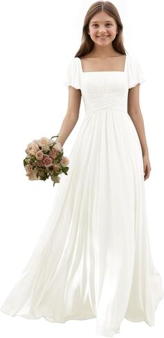 Junior Bridesmaid Dresses Chiffon Flutter Sleeves Flower Girl Dress Square Neck Empire A Line Teens Girls Formal Gown in Saudi Arabia