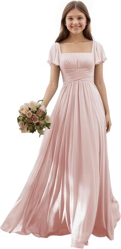 Junior Bridesmaid Dresses Chiffon Flutter Sleeves Flower Girl Dress Square Neck Empire A Line Teens Girls Formal Gown in Saudi Arabia
