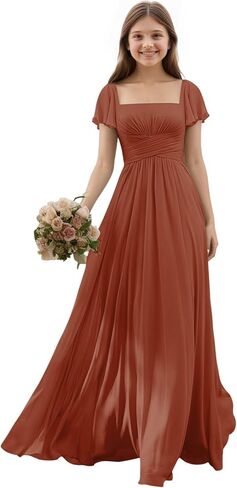 Junior Bridesmaid Dresses Chiffon Flutter Sleeves Flower Girl Dress Square Neck Empire A Line Teens Girls Formal Gown in Saudi Arabia