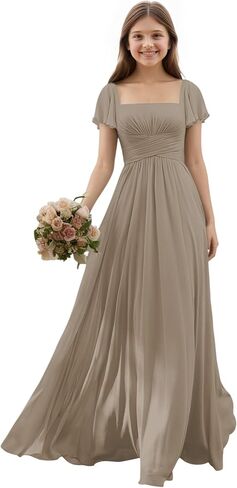 Junior Bridesmaid Dresses Chiffon Flutter Sleeves Flower Girl Dress Square Neck Empire A Line Teens Girls Formal Gown in Saudi Arabia