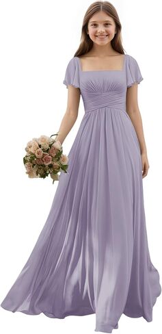 Junior Bridesmaid Dresses Chiffon Flutter Sleeves Flower Girl Dress Square Neck Empire A Line Teens Girls Formal Gown in Saudi Arabia