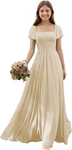 Junior Bridesmaid Dresses Chiffon Flutter Sleeves Flower Girl Dress Square Neck Empire A Line Teens Girls Formal Gown in Saudi Arabia
