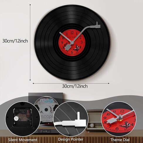12 Inch Vinyl Record Wall Clock, Retro Music LP Decorative Clock, Non-Ticking Album Wall Clock, Vintage Record Player Design Musical Studio Decor for Music Lover Gift, Art Hanging Clock, Y2k Decor in Saudi Arabia