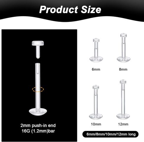 64 Pcs 16G Flat Back Clear Earrings for Sport Push in Clear Plastic Earring Studs Lip Piercing Labret Stud Tragus Helix Catilage Earrings for Surgery Work, 6mm 8mm 10mm 12mm in Saudi Arabia