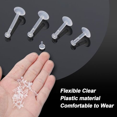 64 Pcs 16G Flat Back Clear Earrings for Sport Push in Clear Plastic Earring Studs Lip Piercing Labret Stud Tragus Helix Catilage Earrings for Surgery Work, 6mm 8mm 10mm 12mm in Saudi Arabia