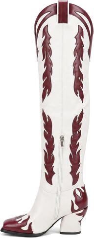 Women’s Over-the-Knee Cowboy Boots, Western Tall Cowgirl Boots with Contrast Flame Embroidery, Pull-On Pointed Toe Chunky Heel Thigh High Boots for Festival, Party & Fashion Wear in Saudi Arabia