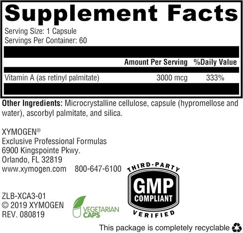 XYMOGEN Xcellent A 3000-10,000 وحدة دولية مكمل فيتامين A عالي الفعالية (ريتينيل بالميتات) - يدعم وظيفة المناعة الصحية والبشرة الصحية + الأغشية المخاطية (60 كبسولة) in Kuwait