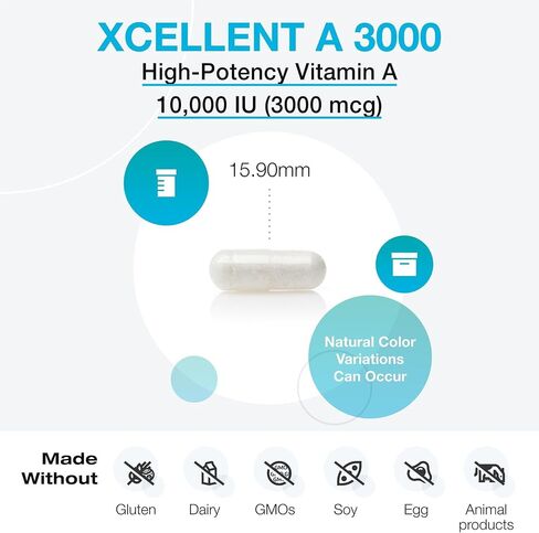 XYMOGEN Xcellent A 3000-10,000 وحدة دولية مكمل فيتامين A عالي الفعالية (ريتينيل بالميتات) - يدعم وظيفة المناعة الصحية والبشرة الصحية + الأغشية المخاطية (60 كبسولة) in Kuwait