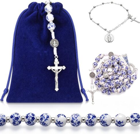 Huwena 3 Pcs Catholic Rosary Beads for Women Rosary Necklace and Cross Bracelet Portable Drawstring Bag Included Blue Flower Style Prayer Beads Religious Christian Gift for First Communion in Saudi Arabia
