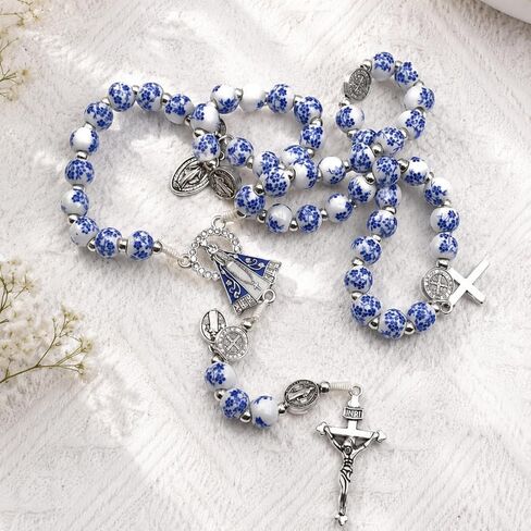 Huwena 3 Pcs Catholic Rosary Beads for Women Rosary Necklace and Cross Bracelet Portable Drawstring Bag Included Blue Flower Style Prayer Beads Religious Christian Gift for First Communion in Saudi Arabia