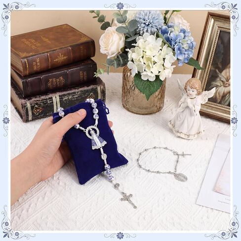 Huwena 3 Pcs Catholic Rosary Beads for Women Rosary Necklace and Cross Bracelet Portable Drawstring Bag Included Blue Flower Style Prayer Beads Religious Christian Gift for First Communion in Saudi Arabia