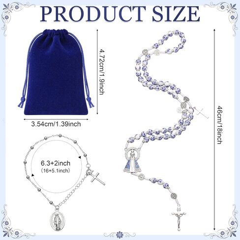Huwena 3 Pcs Catholic Rosary Beads for Women Rosary Necklace and Cross Bracelet Portable Drawstring Bag Included Blue Flower Style Prayer Beads Religious Christian Gift for First Communion in Saudi Arabia