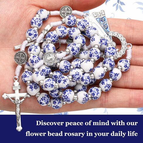 Huwena 3 Pcs Catholic Rosary Beads for Women Rosary Necklace and Cross Bracelet Portable Drawstring Bag Included Blue Flower Style Prayer Beads Religious Christian Gift for First Communion in Saudi Arabia