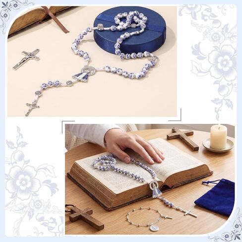 Huwena 3 Pcs Catholic Rosary Beads for Women Rosary Necklace and Cross Bracelet Portable Drawstring Bag Included Blue Flower Style Prayer Beads Religious Christian Gift for First Communion in Saudi Arabia
