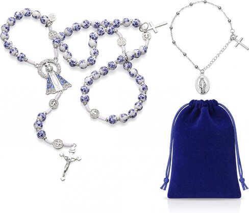 Huwena 3 Pcs Catholic Rosary Beads for Women Rosary Necklace and Cross Bracelet Portable Drawstring Bag Included Blue Flower Style Prayer Beads Religious Christian Gift for First Communion in Saudi Arabia
