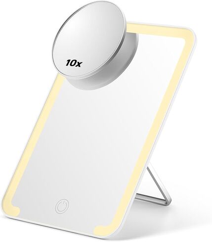OMIRO Lighted Makeup Mirror with 10X Magnifying Mirror, 8 x 5 inches Desk Mirror with Adjustable Stand and 3 Lighting Modes for Shaving and Travelling, White in Saudi Arabia