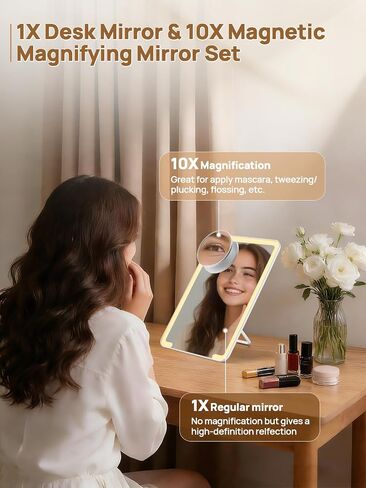OMIRO Lighted Makeup Mirror with 10X Magnifying Mirror, 8 x 5 inches Desk Mirror with Adjustable Stand and 3 Lighting Modes for Shaving and Travelling, White in Saudi Arabia