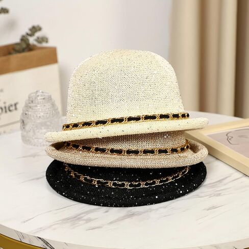 Cloche Sun Hat for Women Summer Sequin Bucket Hat Retro Beach Bowler Bucket Hats Rolled Brim Travel Cap in Kuwait