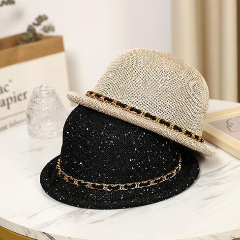Cloche Sun Hat for Women Summer Sequin Bucket Hat Retro Beach Bowler Bucket Hats Rolled Brim Travel Cap in Kuwait