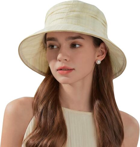 Stylish Ruched Striped Lined Bucket Hats Vintage Summer Sun Hat Chin Strap Women in Saudi Arabia