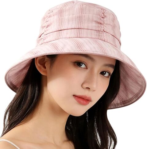 Stylish Ruched Striped Lined Bucket Hats Vintage Summer Sun Hat Chin Strap Women in Saudi Arabia