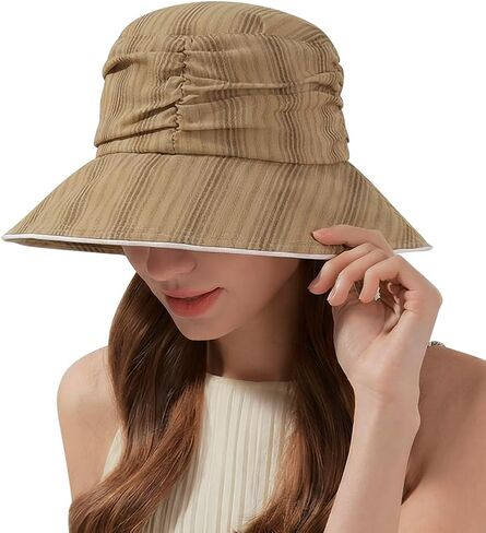 Stylish Ruched Striped Lined Bucket Hats Vintage Summer Sun Hat Chin Strap Women in Saudi Arabia