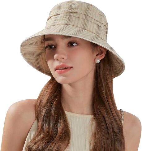 Stylish Ruched Striped Lined Bucket Hats Vintage Summer Sun Hat Chin Strap Women in Saudi Arabia