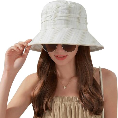 Stylish Ruched Striped Lined Bucket Hats Vintage Summer Sun Hat Chin Strap Women in Saudi Arabia