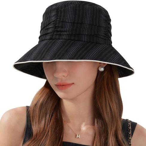 Stylish Ruched Striped Lined Bucket Hats Vintage Summer Sun Hat Chin Strap Women in Saudi Arabia