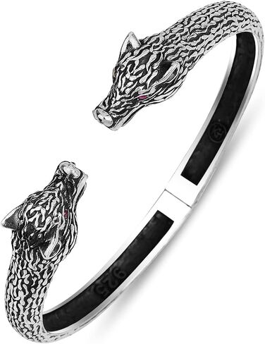 Silver Wolf Bracelet, Two Heads Wolf Bracelet, Ruby Eyes Wolf Bracelet, Unisex Handmade Wolf Head Bracelet,925k Sterling Silver Bracelet in Kuwait