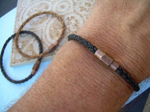 Handmade Braided Leather Bracelet with Copper Toned Magnetic Clasp in Saudi Arabia