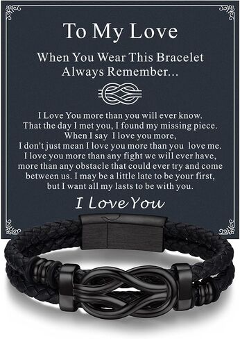 Bandmax Infinity Love Knot Bracelet for Men Black Leather Love Link Cuff Bracelets Keepsake Jewelry Gift for Son Husband Father Grandson on Father's Day Birthday Anniversary Christmas in Kuwait
