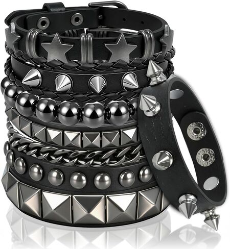 6 Pcs Punk Rock Spiked Studded Bracelet Set for Women Men, 80s Gothic Grunge Emo Wristbands, Y2K Star Beaded Cuff Bracelets, PU Leather Snap Button Adjustable Accessories for Rocker Biker Outfits in Kuwait
