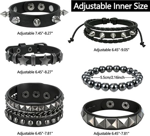 6 Pcs Punk Rock Spiked Studded Bracelet Set for Women Men, 80s Gothic Grunge Emo Wristbands, Y2K Star Beaded Cuff Bracelets, PU Leather Snap Button Adjustable Accessories for Rocker Biker Outfits in Kuwait