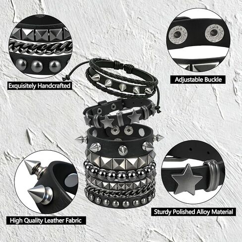 6 Pcs Punk Rock Spiked Studded Bracelet Set for Women Men, 80s Gothic Grunge Emo Wristbands, Y2K Star Beaded Cuff Bracelets, PU Leather Snap Button Adjustable Accessories for Rocker Biker Outfits in Kuwait