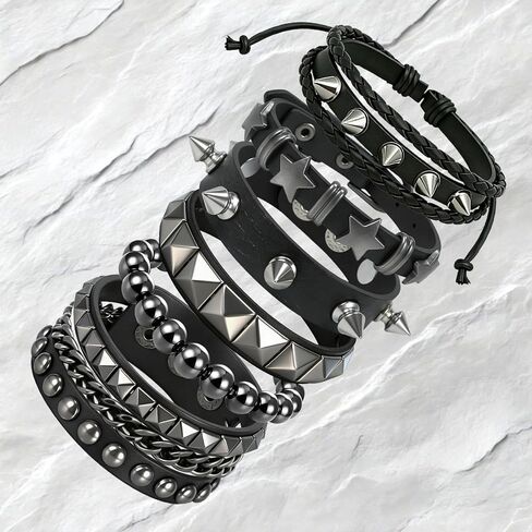 6 Pcs Punk Rock Spiked Studded Bracelet Set for Women Men, 80s Gothic Grunge Emo Wristbands, Y2K Star Beaded Cuff Bracelets, PU Leather Snap Button Adjustable Accessories for Rocker Biker Outfits in Kuwait