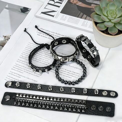 6 Pcs Punk Rock Spiked Studded Bracelet Set for Women Men, 80s Gothic Grunge Emo Wristbands, Y2K Star Beaded Cuff Bracelets, PU Leather Snap Button Adjustable Accessories for Rocker Biker Outfits in Kuwait