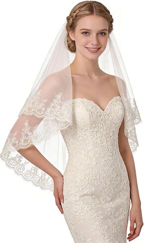 Lace Wedding Veil 2 Tier with Metal Comb Pearls and Crystals Beaded Edge Short Fingertip Length, Beige in Saudi Arabia