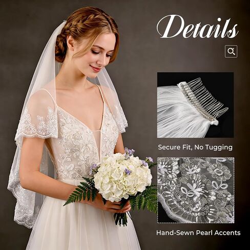 Lace Wedding Veil 2 Tier with Metal Comb Pearls and Crystals Beaded Edge Short Fingertip Length, Beige in Saudi Arabia