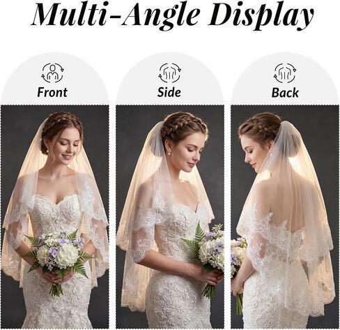 Lace Wedding Veil 2 Tier with Metal Comb Pearls and Crystals Beaded Edge Short Fingertip Length, Beige in Saudi Arabia