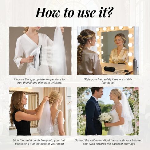 Lace Wedding Veil 2 Tier with Metal Comb Pearls and Crystals Beaded Edge Short Fingertip Length, Beige in Saudi Arabia