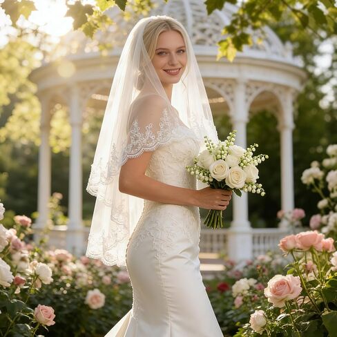 Lace Wedding Veil 2 Tier with Metal Comb Pearls and Crystals Beaded Edge Short Fingertip Length, Beige in Saudi Arabia