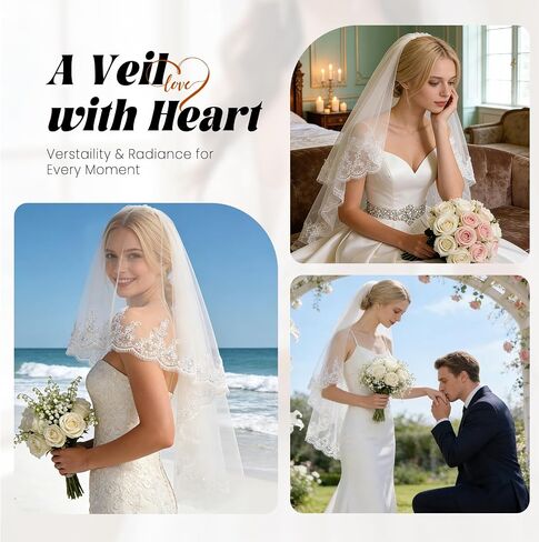 Lace Wedding Veil 2 Tier with Metal Comb Pearls and Crystals Beaded Edge Short Fingertip Length, Beige in Saudi Arabia