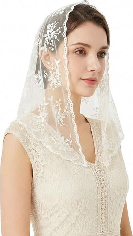 Triangle Veils, Lace Head Covering, Beige Fashion Print Head Veil, Lace Veil for Church Wedding Brides(135x45cm) in Saudi Arabia