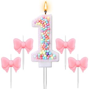 6 Pcs 1 Birthday Candle Macaron Glitter 3D Number 1 Candles for First Birthday 2.95 Inch 1st Birthday Cake Topper with Pink Bow Shaped Candle for Girl Party Wedding Anniversary Decoration