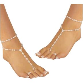Pearl Anklet Barefoot Foot Jewelry Anklet Sandals Anklet Beach Foot Chain Toe Wedding Ankle Bracelet Jewelry Elastic Foot and Hand Chain Jewelry for Women and Girls (2 Sets)