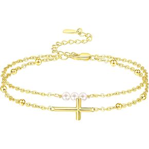 Palpitate Cross Anklet for Women Pearl Cross Ankle Bracelets 14K Gold Plated Adjustable Layered Foot Bead Chain for Women Girls