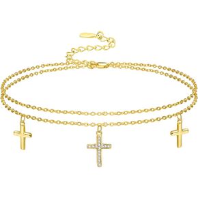 Palpitate Cross Anklet for Women Cross Ankle Bracelets 14K Gold Plated Layered Foot Bead Chain for Women Girls Adjustable