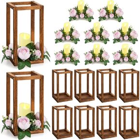 Sabary 30 Pcs Eucalyptus Wedding Lanterns Centerpiece Include Wooden Candle Holders Candles Rose Wreaths for Farmhouse Rustic Decorative Table Decorations Country Party Gift(Beige Flower)