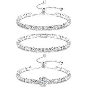 YADOCA 3Pcs Tennis Bracelets For Women Men Silver Plated Cubic Zirconia CZ Diamond Adjustable Stackable BraceletS Set Silver Bracelets For Prom Wedding Jewelry Gift
